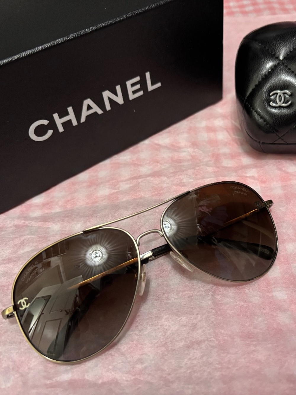 Cute Chanel Pilot Aviator sunglasses bronze tint/gold frame style 1700683739